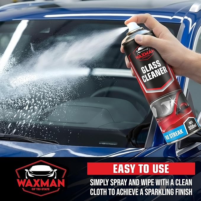 WAXMAN OF TRI STATE Car Windshield Cleaner Foam – Glass Cleaner Spray – 550ml Aerosol No-Streak Foam – Powerful Cleaner for Car, Window & Mirror – Crystal Clear Shine, Tackles Tough Grime