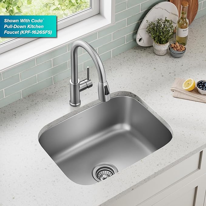 Kraus 23 Inch Stainless Steel Kitchen Sink, Durable 18 Gauge Single Bowl Kitchen Sinks Undermount, KBU12