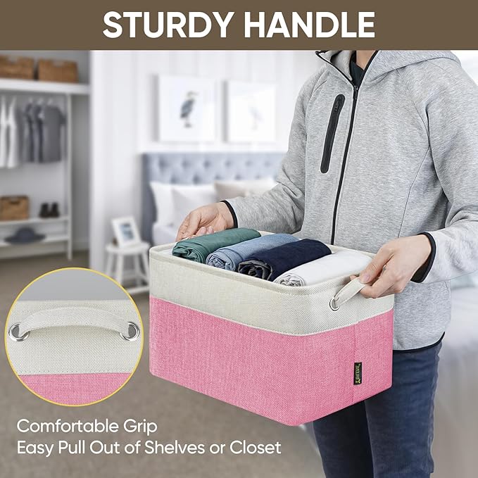 BALEINE 3 Pack Fabric Storage Bins for Shelves, Linen Storage Baskets for Organizing, Decorative Closet Bins for Clothes, Home (Pink, 15''x11''x9.5'')