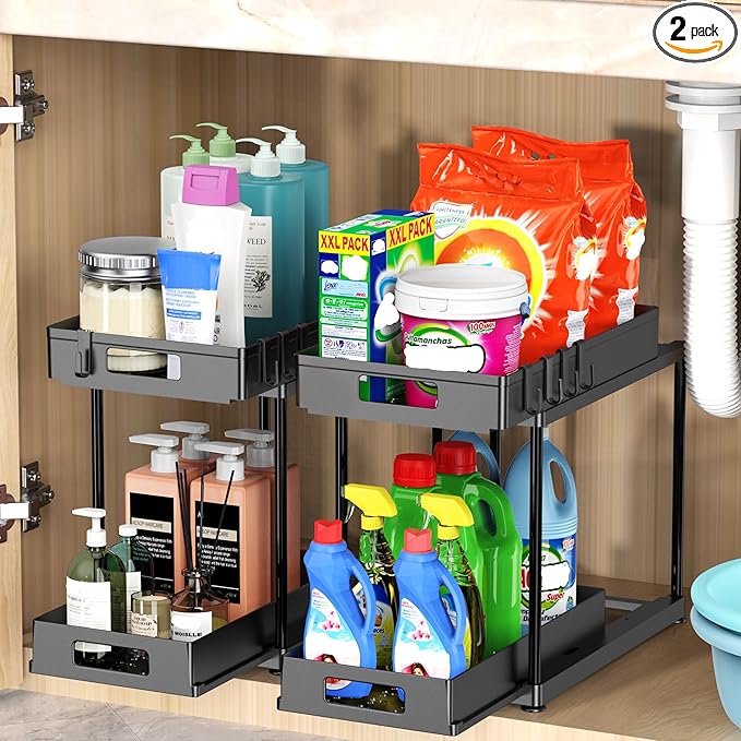 Under Sink Organizers and Storage, 2 Pack Large Capacity Heavy Load Double Pull-out Under Sink Shelves with Sliding Drawer for Kitchen and Bathroom, Black