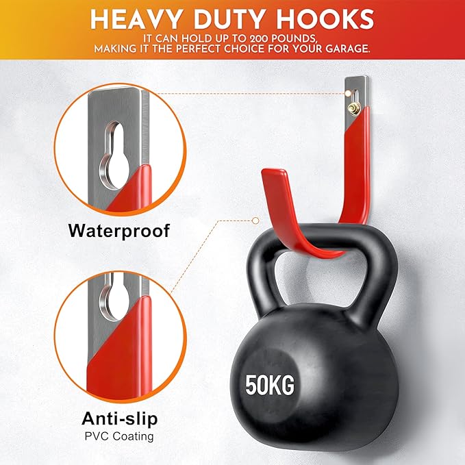 Garage Wall Hooks for Hanging Heavy Duty, 4 Pack Garage Organizer Storage Hooks Wall Mount for Garden Hoses, Brooms, Ladders, Garage Storage