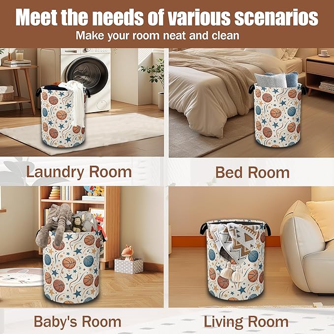 Basketballs Stars Laundry Hamper,Laundry Baskets,Waterproof Oxford Cloth Toy Storage for Bedroom,Bathroom,Nursery,16x20.8 Inch