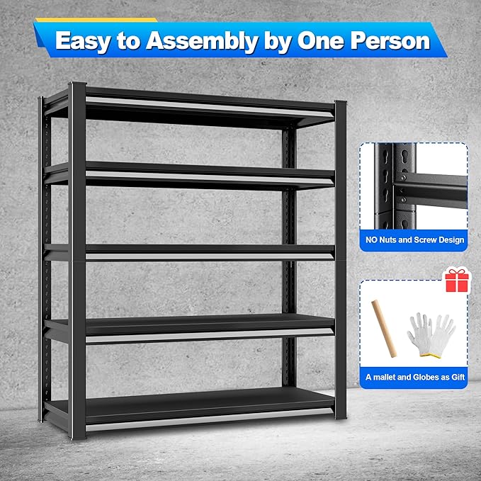 Rufokisa Garage Shelving Heavy Duty，Large Loads Adjustable Garage Storage Shelves, Metal Storage Racks and Shelving Units, Utility Rack Shelves,47.2”W x 18”D x 78”H, Black