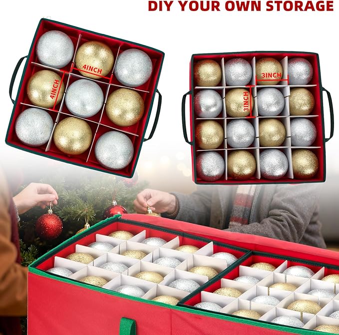JY COOKMENT Christmas Ornament Storage Box with Adjustable Dividers and Side Pockets, Large Ornaments Storage Container Bin with Zippered Top for Xmas Decorations (128-3" Balls, Red, With Tray)