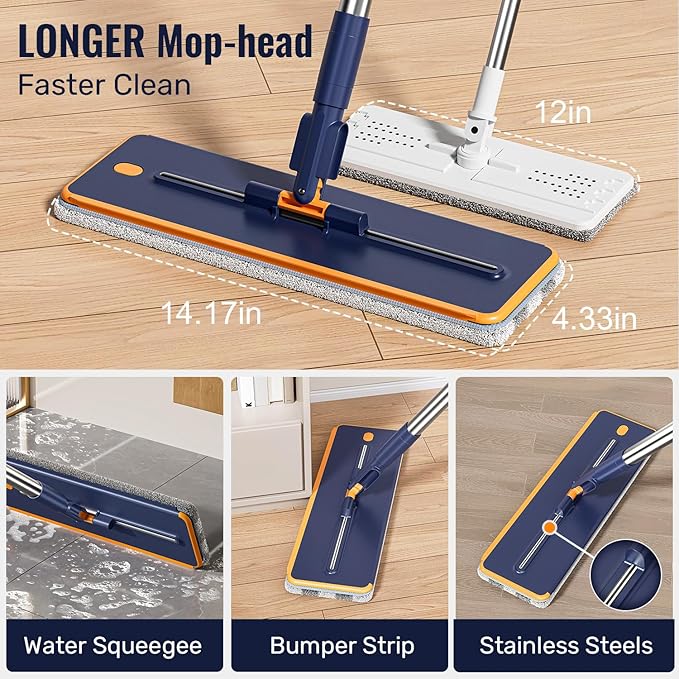 HoMettler Mop and Bucket Set with Wringer, 3-Tank Flat Mop and Bucket System, Wall Mop Cleaner with Long Handle, Hands Free Mops for Floor Cleaning with 4 Microfiber Pads