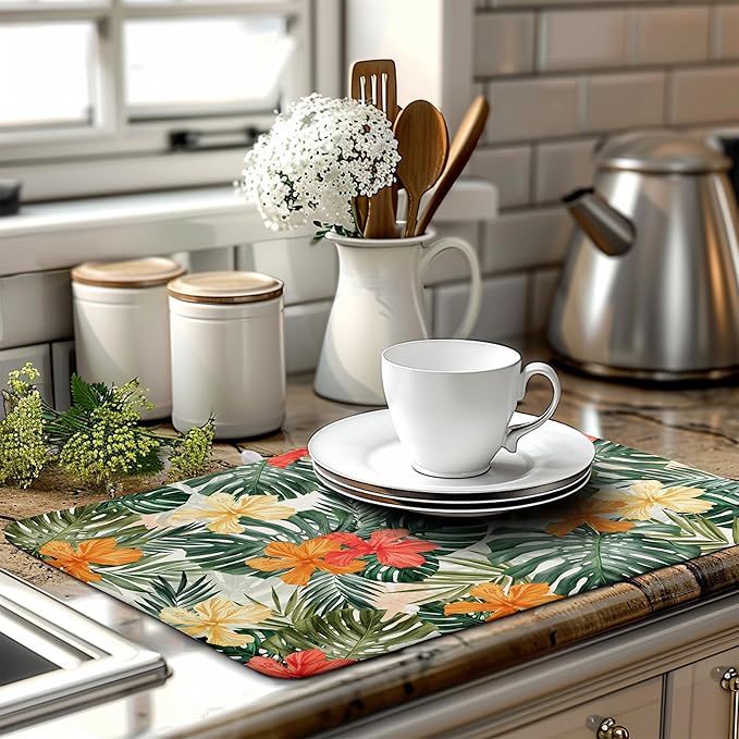 Wnoesat Tropical Palm Leaves Dish Drying Mat for Kitchen Counter Watercolor Flowers Leaf Drying Mat Dish Pads Reversible Absorbent Microfiber Dish Drainer Rack Mat for Countertop 18x24 Inch
