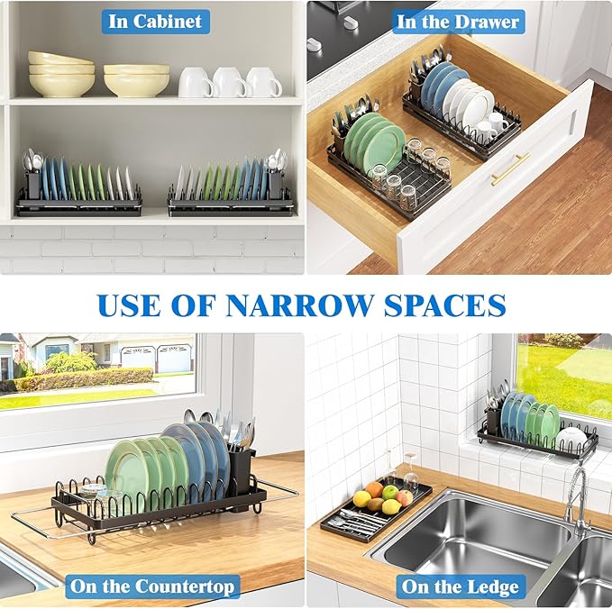 CHLORYARD Small Dish Drying Rack Over The Sink, Compact Dish Rack with Silicone Mat for Kitchen Counter, Expandable Dish Drainers Drying Rack Used in Sink & on Countertop, Black