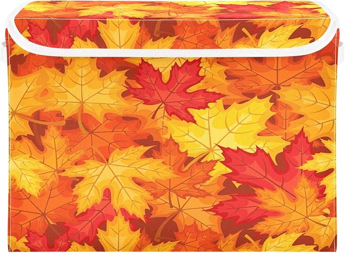 Bolaz Storage Bins with Lids and Handles, Fall Maple Leaves in Autumn Storage Box Storage Basket with Cover Collapsible Organizer Containers for Home Closet, Shelves