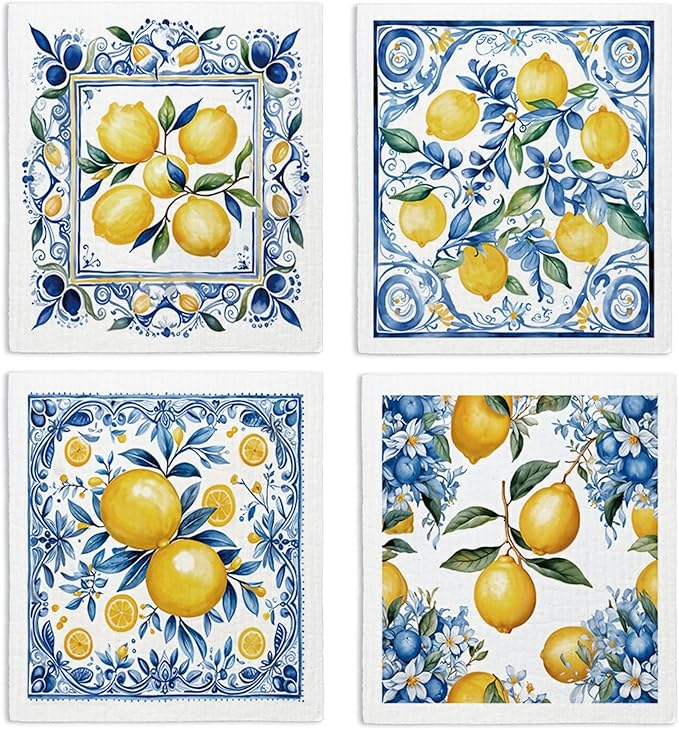 LARTSFRO Swedish Dishcloths for Kitchen, Papaya Reusable Paper Towels Washable, Summer Lemon Vintage Floral Swedish DishCloths for Friut, 4 Pack Dish Towels for Kitchen, No Odor Cleaning Cloths