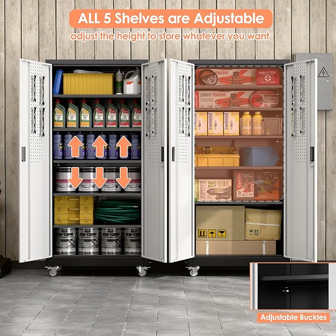 Aobabo Upgrade 71H''*34''W*18''D Metal Garage Storage Cabinet with Wheels and Pegboards, 5 Adjustable Shelves Steel Storage Cabinets for Home,Warehouse,Garage,Assembly Required,Black Sliver