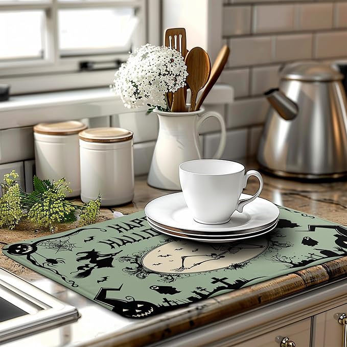 Wnoesat Happy Halloween Dish Drying Mat for Kitchen Counter 18x24 Skull Pumpkin Witch Spider Web Bat Ghost Drying Mats Green Black Absorbent Microfiber Dish Drainer Rack Pad for Coffee Bar