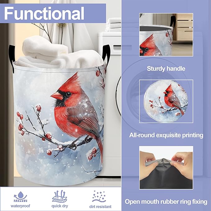 Cardinal BirdLaundry Basket,Winter Flowers Large Canvas Fabric Lightweight Storage Hamper Organizer Dirty Clothes Collapsible Waterproof for College Dorms,Bathroom