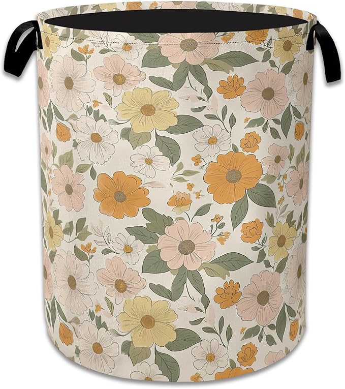 Retro Boho Groovy Flower Laundry Basket,Foldable Waterproof Oxford Cloth Tote Bag Laundry Hamper with Handles,20.8"x16" Clothes Storage Bucket Organizer for Laundry Room, Bathroom, Bedroom