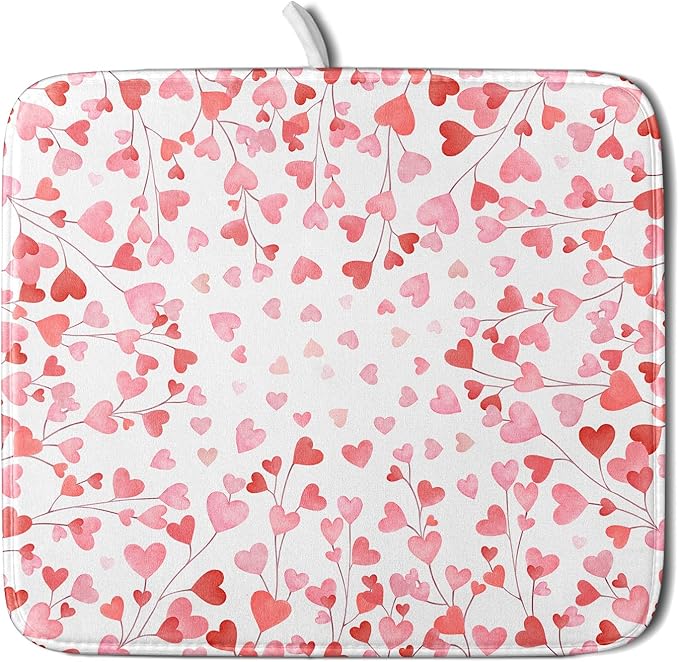 Valentines Day Dish Drying Mat for Kitchen Counter 18x16 Inch Love Drying Mat with Absorbent Reversible Microfiber Pink Heart Dish Drainer Mats Rack Pad for Coffee Countertop Protector