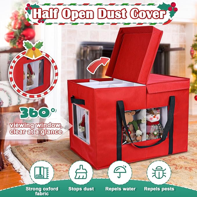 Christmas Figurine Storage Box, 24”x18”x15” Ornament Storage Box, 2025 UpgradeNutcracker Storage Box, Figurine Storage with Dividers, Adjustable Extent Area for Figurines and Pocket, Red