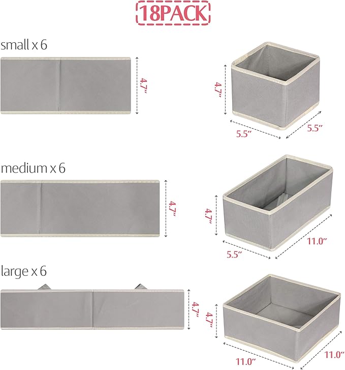 DIOMMELL Set of 18 Foldable Cloth Storage Box Closet Dresser Drawer Organizer Fabric Baskets Bins Containers Divider for Baby Clothes Underwear Bras Socks Lingerie Clothing,Grey 666