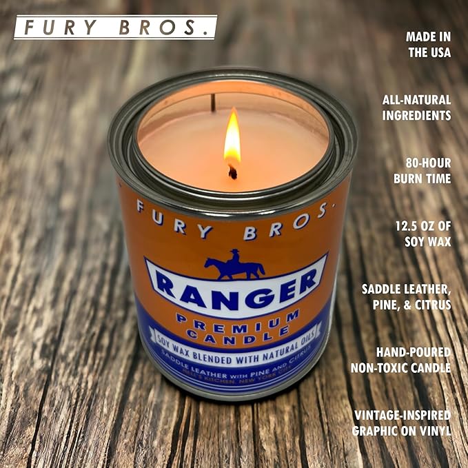 Fury Bros. Scented Candles for Men | Ranger | Saddle Leather Pine Citrus | Natural Soy Wax | Hand-Poured in The USA | Long 70-80 Hour Burn (12.5 oz) | Vintage-Inspired Tin Design | Dad Home Gift