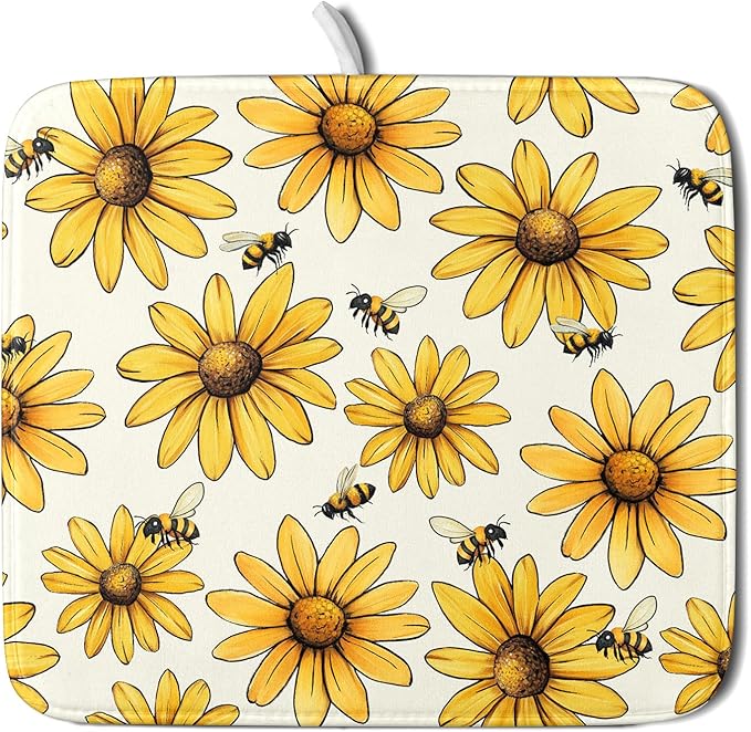 ABSOP Spring Summer Sunflower Bee Dish Drying Mat of Kitchen Counter 18×24 Inch Floral Drainer Pad Flower Dish Rack Pad Drainer Mat Washable Absorbent Reversible Microfiber for Coffee Bar