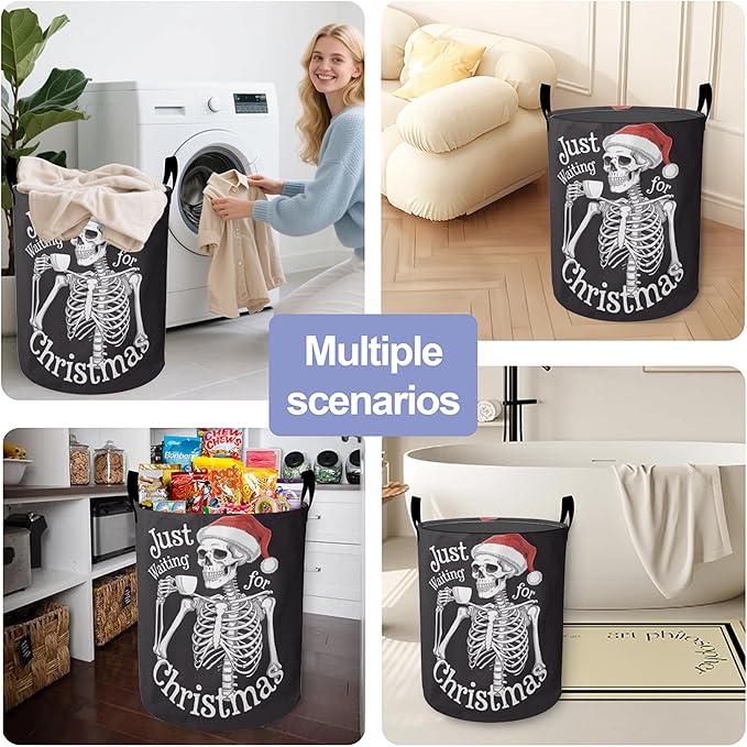 Christmas Laundry Basket-Funny Skeleton Large Foldable Hamper Holder Portable Tall Collapsible Laundry Hamper Storage Basket Bin with Handles, Canvas & Waterproof lining for Household Items