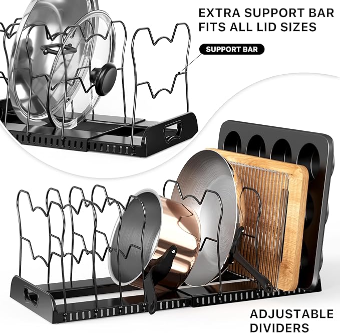 Simple Houseware Expandable Pan Organizer Rack, 10 Adjustable Compartments, Black - Kitchen Cabinet Organizer for Pots, Pans, Lids & Bakeware - Pantry & Countertop Storage