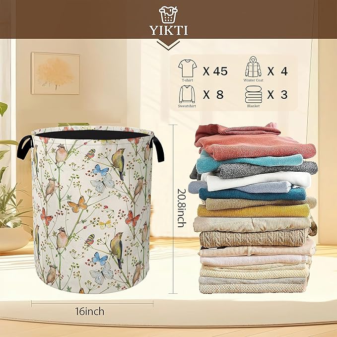 Laundry Hamper,Watercolor Bird Laundry Basket,Spring Flower Butterfly Portable Collapsible Laundry Room Organization Storage for Dorm Room,Nursery,Bathroom,Bedroom,16x20 Inch