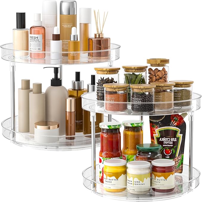 Slow Slog 2 Pack 2 Tier Lazy Susan Turntable Organizer, Clear Rotating Lazy Susan, Spice Rack for Cabinet, Makeup and Perfume Organizer for Vanity, Counter Organizer Tray for Kitchen, Bathroom