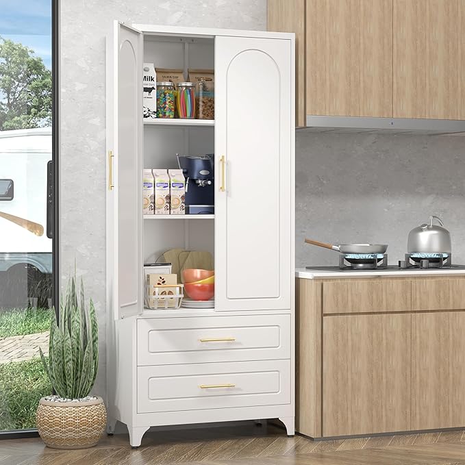 Pantry Kitchen Cabinet with Drawer, 75" Tall Pantry Storage Cabinet, Metal Storage Cabinets with Doors and Shelves, Large Freestanding Cupboard for Dining Room, Assembly Required, White