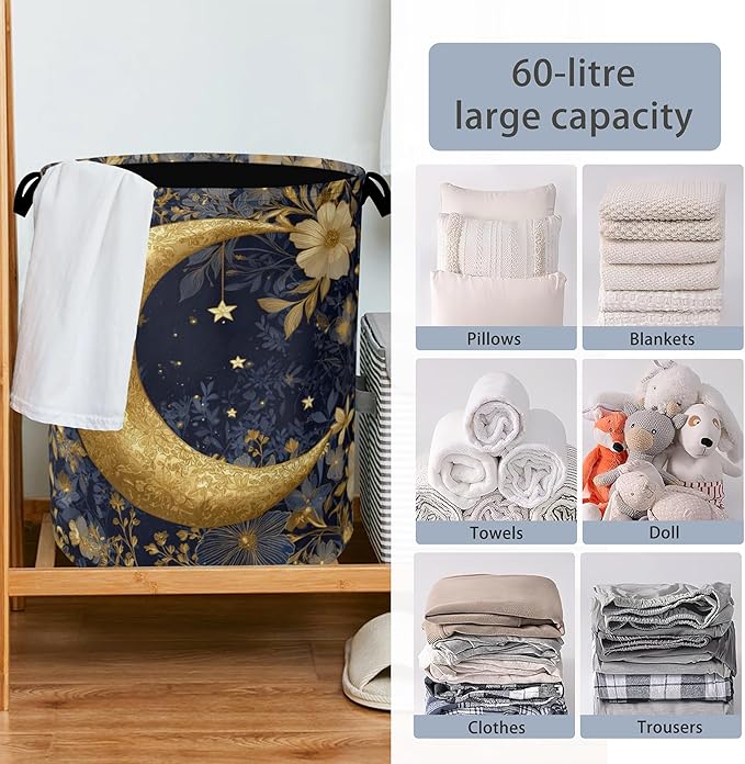 Golden Moon Laundry Basket,Flowers Foldable Oxford Cloth Tote Bag Laundry Hamper Clothes Storage Bucket Organizer for Bedroom Laundry Storage Dormitories 16" x 20.8"