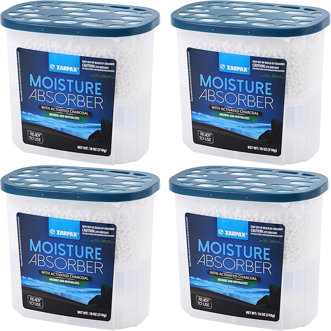 ZARPAX Moisture Absorber Activated Charcoal 18 oz/510g | Removes Moisture, Damp, Humidity & Odors | Odor Absorber | Moisture Trap for Bathroom, Closet, Kitchen & Small Spaces | Set of 4