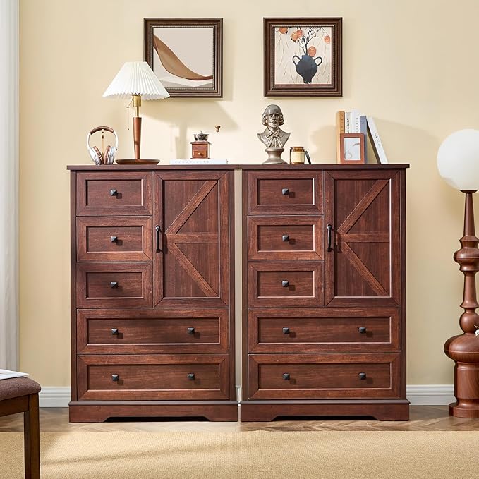 LIDYUK 5 Drawer Cherry Wood Dresser for Bedroom Farmhouse Dresser Chest of Drawers, 48" Tall Clothes Organizer with Storage Cabinet Wood Chest of Drawers for Bedroom, Living Room