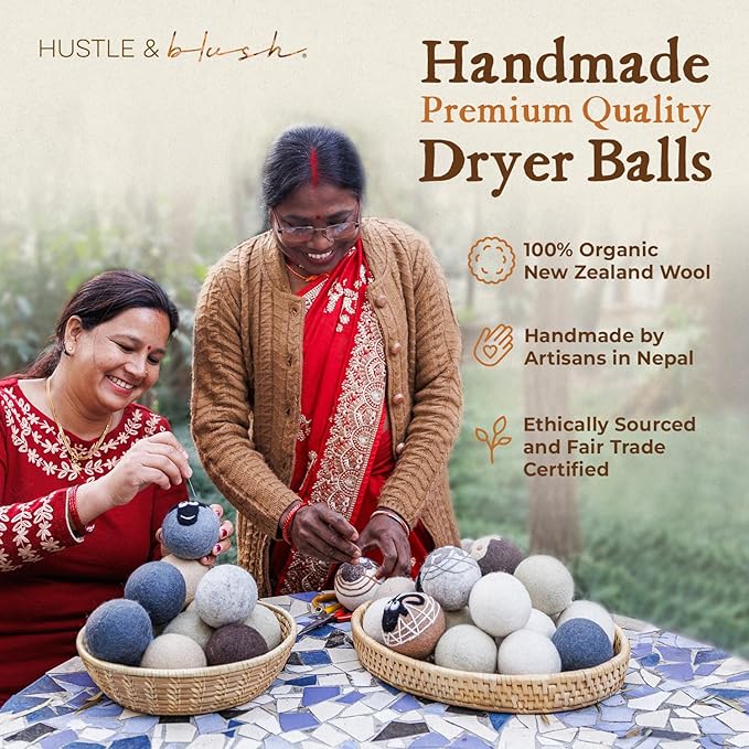 Hustle & Blush Fluff Ewes Wool Dryer Balls 6 Pack - Extra Large Classic Premium Hand Needled New Zealand Laundry Set, Reduces Drying Time, Static Control, Chemical Free Reusable for Essential Oils