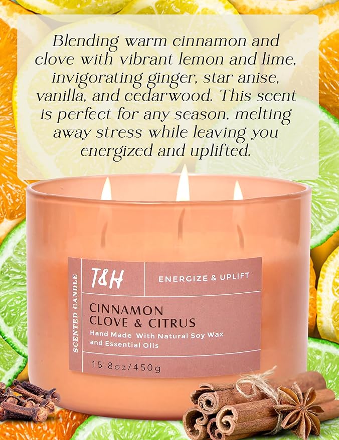Cinnamon Clove Citrus 3 Wick Soy Candle Large 15.8oz | Spiced Orange Scented Candles for Home | Clean Burn Long Lasting Candle | Warm Cozy Aromatherapy Candle | Housewarming Birthday Gift
