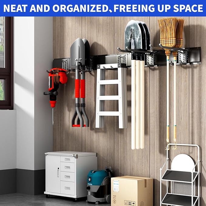 CRXCRC Garden Tool Organizer Wall Mount, 48inch Heavy Duty Garden Tool organizer Storage System, Easy Install With 7 Adjustable Hooks, For Garage, Basement, Shed, Workshop(Black)