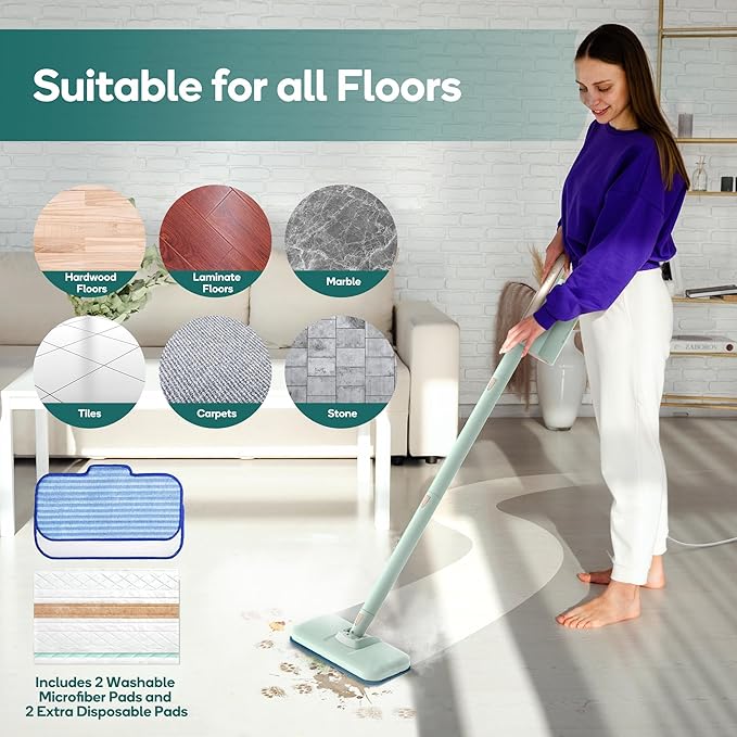Newbealer Steam Mop & Detachable Handheld Cleaner, 250ml 1200W Powerful Floor Steamer, 3 Adjustable Levels for Carpet Laminate Hardwood Grout, Carpet Glider, 11 Multi-purpose Accessories & 2 Pads