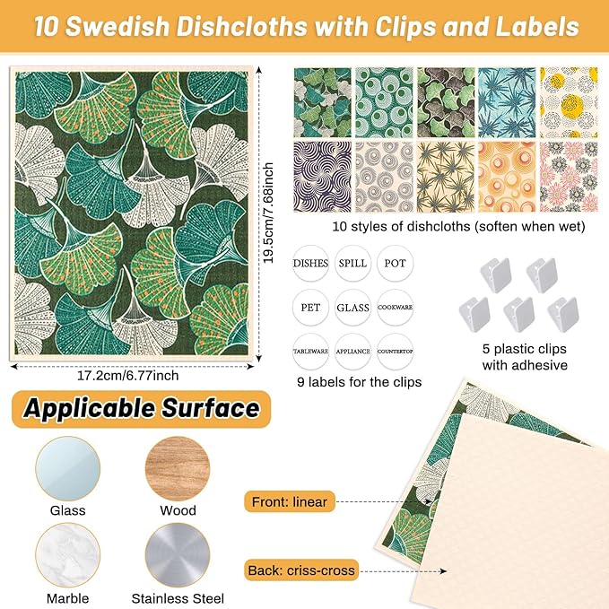 Lucomb 10 Pack Swedish Dishcloths for Kitchen, Reusable Cleaning Cloths Absorbent Non-Scratch Cellulose Sponge Cloths for Dishes Counters