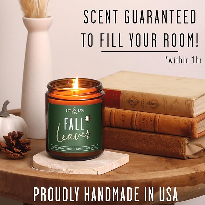 Fall Candles - 'Fall Leaves' Fall Candle w/Autumn Leaves, Clove & Musk I Infused with Essential Oils I Autumn Fall Scented Candles I Cozy Cute Fall Décor Fall Gifts I 9oz Jar I 50Hr Burn I Made in USA
