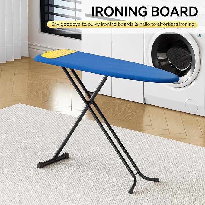 APEXCHASER Ironing Board Full Size, Iron Board with Silicon Rest, Foldable Ironing Boards Standard Size, Heavy Duty Iron Stand Boads, Ironing Table with 7 Height Adjustable Anti-Slip Feet, 13x43 Blue