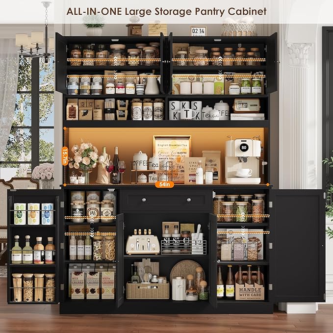 HIFIT 72.8” Tall Kitchen Pantry Cabinet with LED & Charging Station, 55” Wide Farmhouse Pantry Storage Cabinet with Microwave Stand&Shelves&Barn Doors, Black Kitchen Hutch Coffee Bar for Living Room