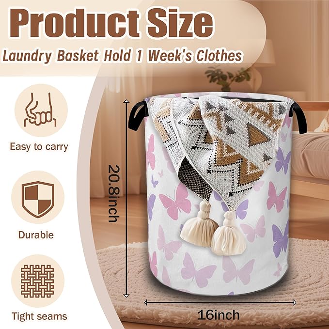 Butterfly Laundry Basket,Waterproof Foldable Pink Purple Butterflies Laundry Hamper,Dirty Clothes Basket, Linen Bin Storage Organizer Collection 16" x 20.8"