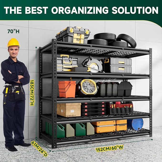 cynnda 5-Tier 60" W X 24" D X 72" H Storage Shelves 3000LBS Garage Shelving Metal Storage Racks and Shelving Adjustable Heavy Duty Shelf Units for Basement Industrial(Black)