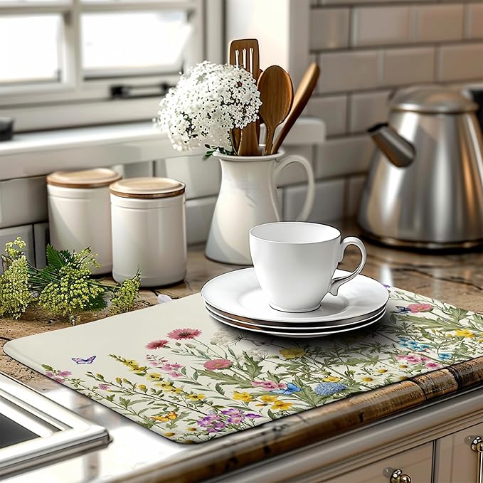 Spring Dish Drying Mat Summer Floral Flowers Kitchen Dish Drying Pad Absorbent Dish Dryer Mat for Kitchen Countertops Microfiber Dishes Drainer Pad Dish Drying Rack Mat (18x24 in)