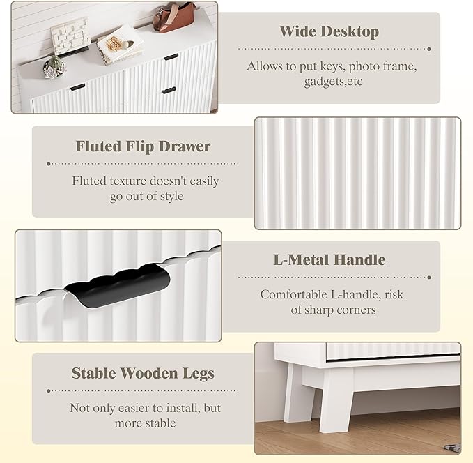Shoe Cabinet Storage for Entryway with 6 Flip Drawers, Fluted Narrow Shoe Organizer with Wooden Legs, Freestanding Slim Shoe Storage Hidden Shoe Rack Organizer for Front Door Entrance, White