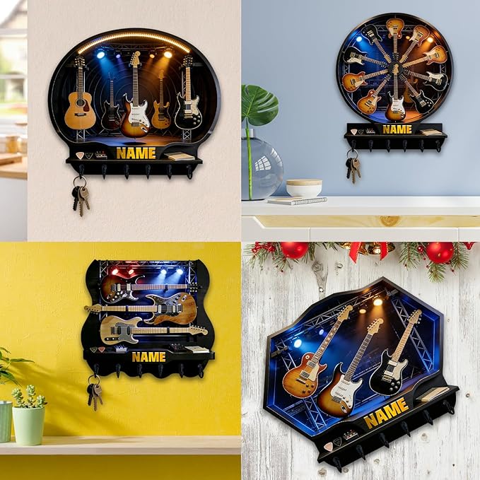 Custom 2D Flat Print Rock Guitar Key Storage Holder for Music Lover Family Friends Music Themed Wall Hooks Personalized Vintage Guitar Stand Name Key Rack Coat Holder for Culb Living Room Hallway