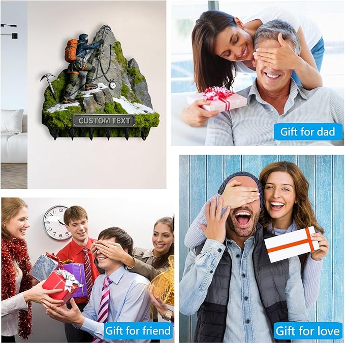 Personalized Name Climber Wall Hooks for Men Women Couple Family Mountaineering Enthusiasts Custom 2D Flat Print Mountaineer Themed Key Holder Mountain Theme Key Rack for Living Room Hallway Office