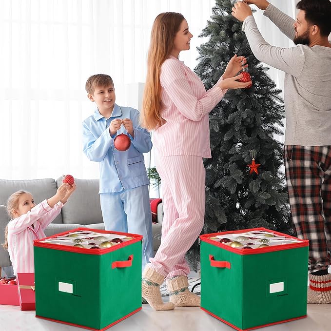 Chengu 2-pack Christmas Ornament Storage Stores up to 64 Christmas Ball Accessories Holder with Adjustable Dividers, Zippered Closure Two Handles for Holiday Ornaments and Xmas Decorations(Army Green)