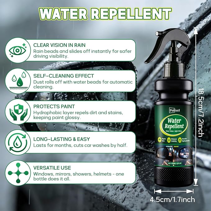 POLIXEL Water Repellent Spray for Car Windshield & Glass - Long Lasting Rain Repellent & Hydrophobic Coating for Windshield, Glass, Windows, Mirrors Prevents Streaks, Spots & Buildup - 4OZ/120ML