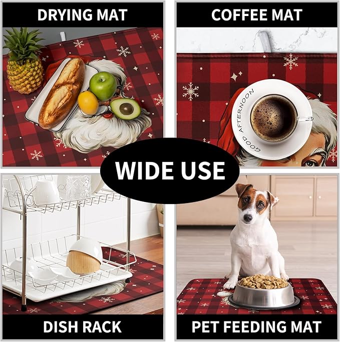 Kwlegh Santa Claus Christmas Dish Drying Mat Xmas Red and Black Buffalo Plaid Snowflake Drying Mats Winter Holiday Dishes Drying Pad Microfiber Absorbent Dish Drainer Rack Mat 16x18 Inch