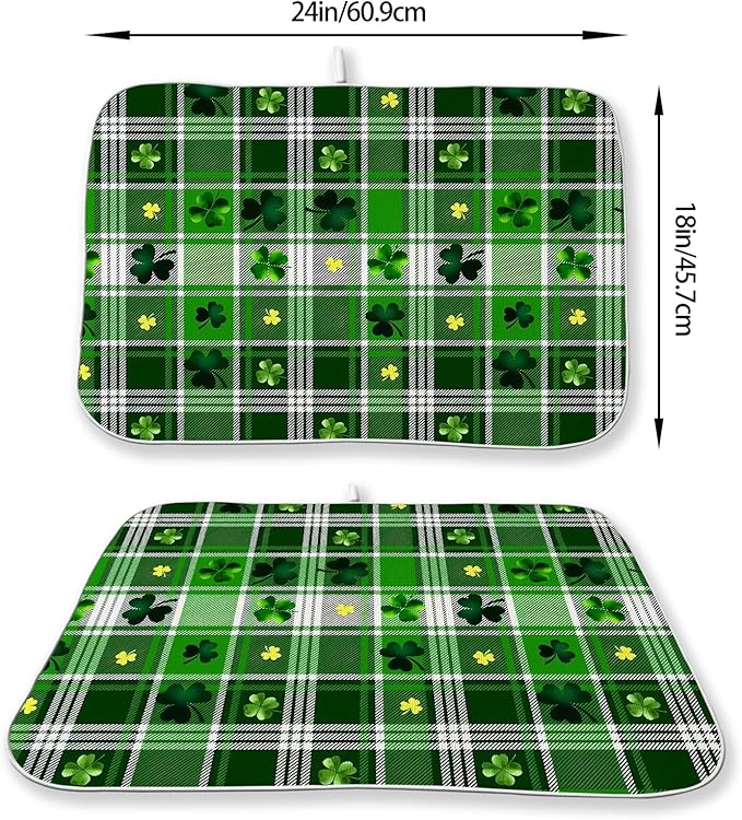 St. Patrick's Day Dish Drying Mat 18 x 24 Inch Green Buffalo Plaid Shamrock Drying Mat for Kitchen Counter Absorbent Spring Gold Green Clover Dishes Dry Pad for Drainer Rack Kitchen Fast Dry