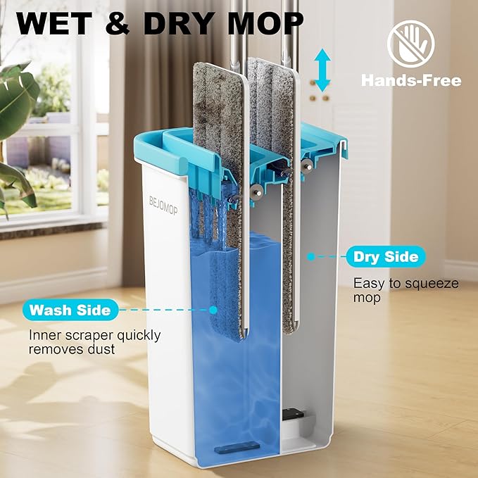 BEJOMOP Mop and Bucket Set with Wringer, Dry & Wet Wall Mop Cleaner with Long Handle, Flat Squeeze Spin Dust Mop for Household Floor Cleaning with 4 Microfiber Mops, Turquoise-Cyan