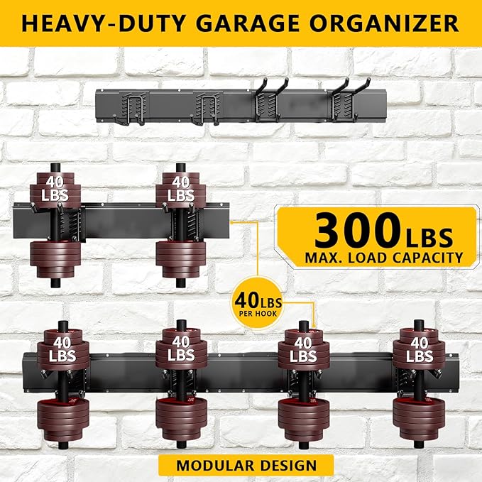 Tebgeag Garage Tool Organizer Wall Mount, 32inch Heavy-Duty Garage Storage System and Garden Tool Organizer with 4 Adjustable Hooks for Shovel, Snowboard, Yard Tools and Shed